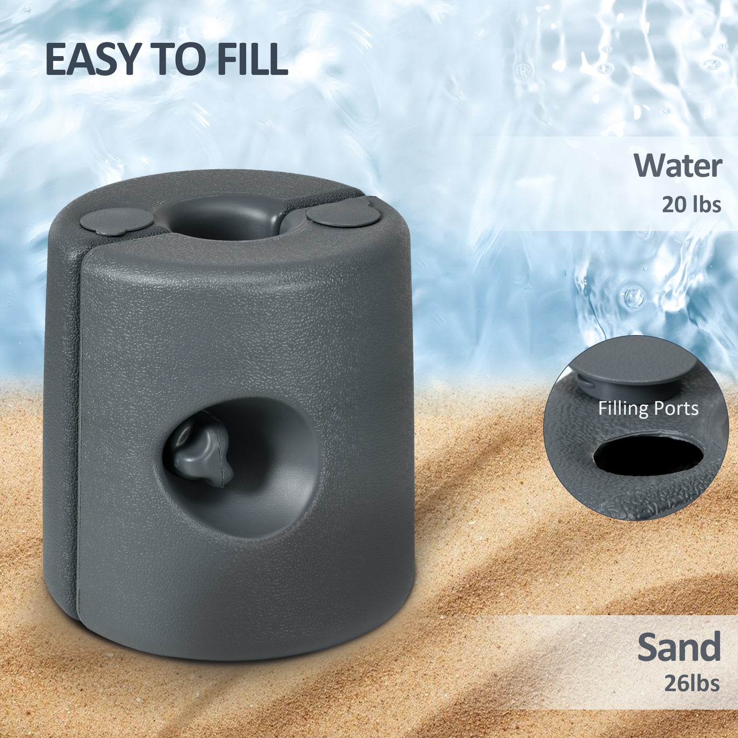Gray weighted base for patio umbrella can be filled with water or sand for stability