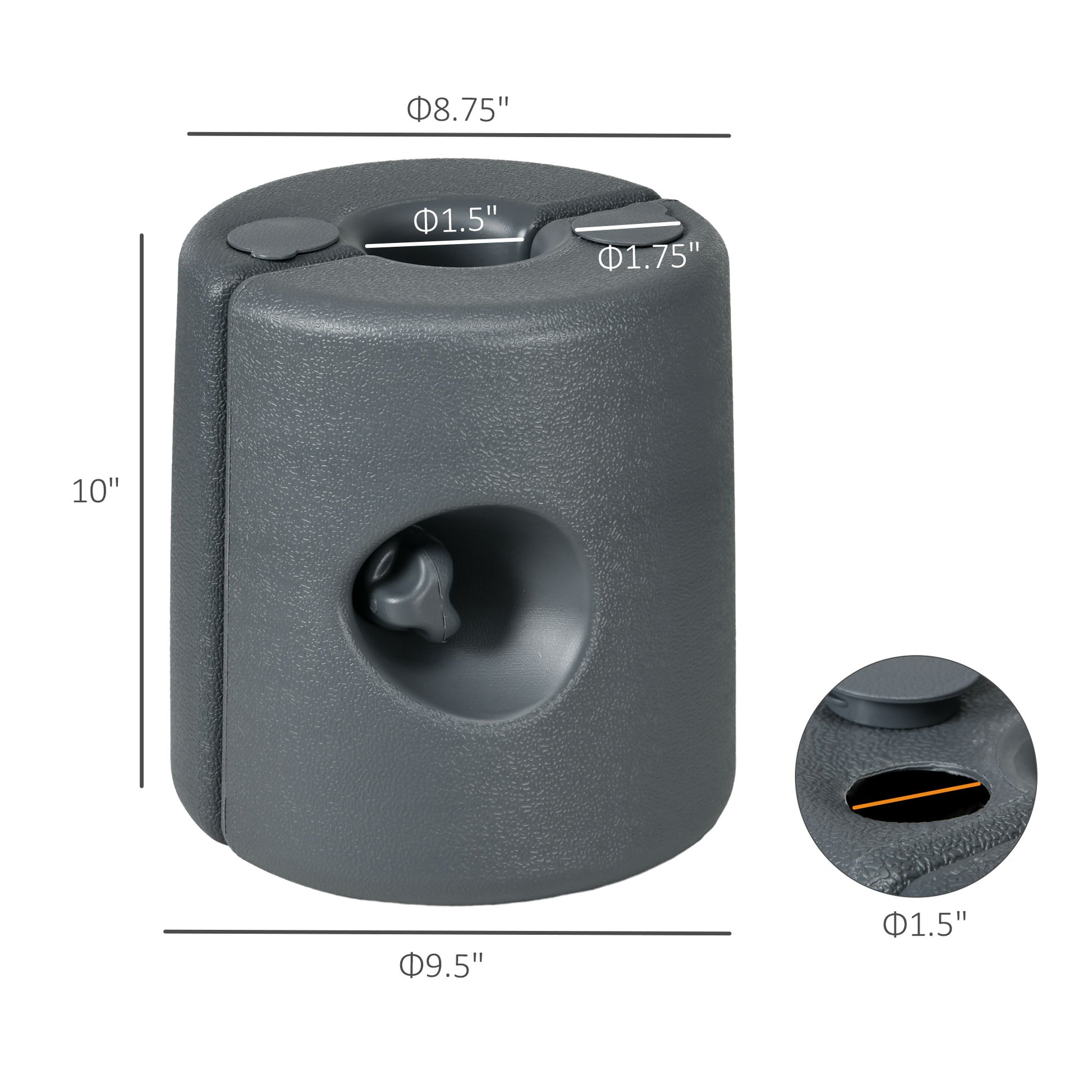Dark grey plastic umbrella base weight with dimensions  H x  D