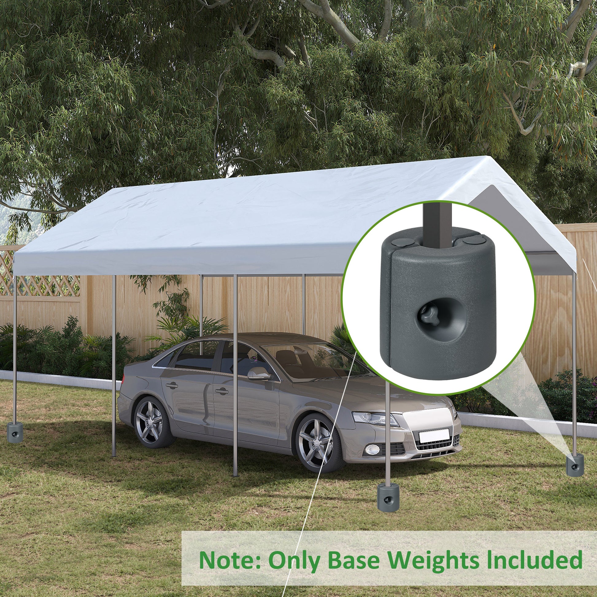 Gray canopy tent frame with white cover providing car protection includes base weights