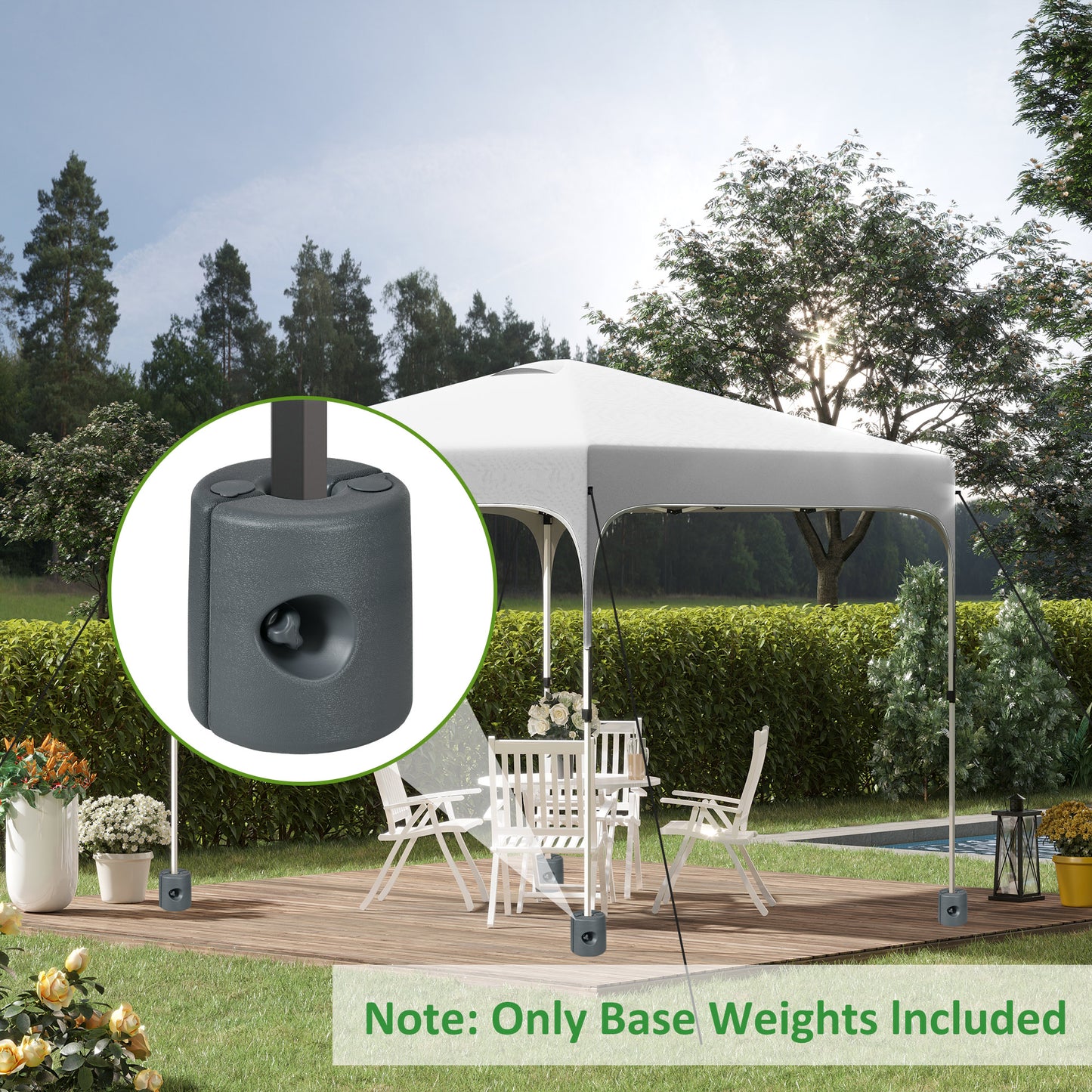 Gray gazebo base weight with locking screw for securing canopy legs in outdoor settings