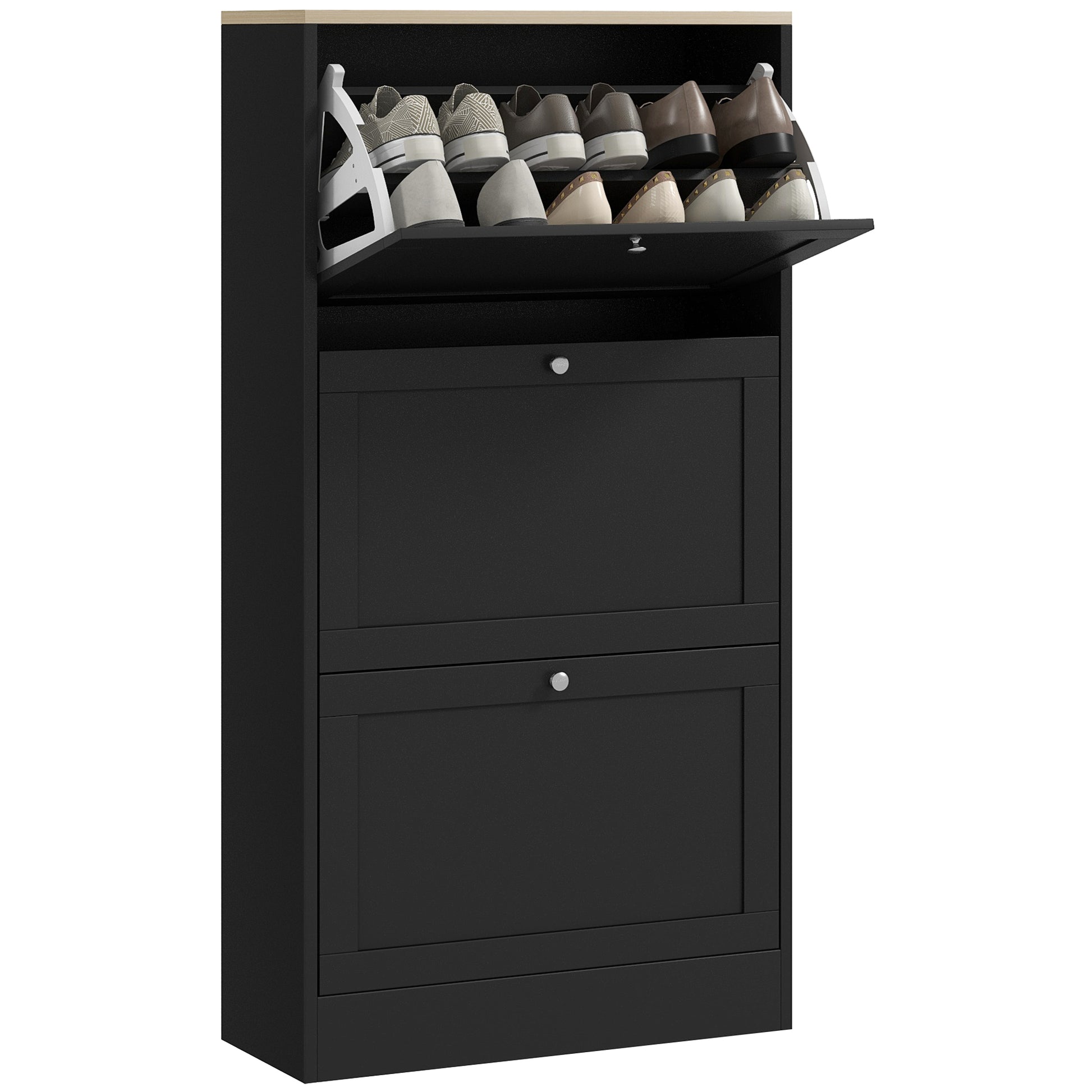 Modern black shoe cabinet with multiple tiers and woodtone top for entryway storage