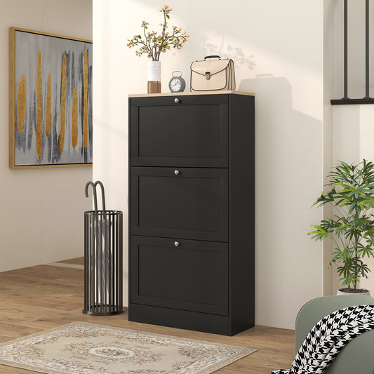 Black threetier narrow shoe cabinet with silver knobs and woodeffect top
