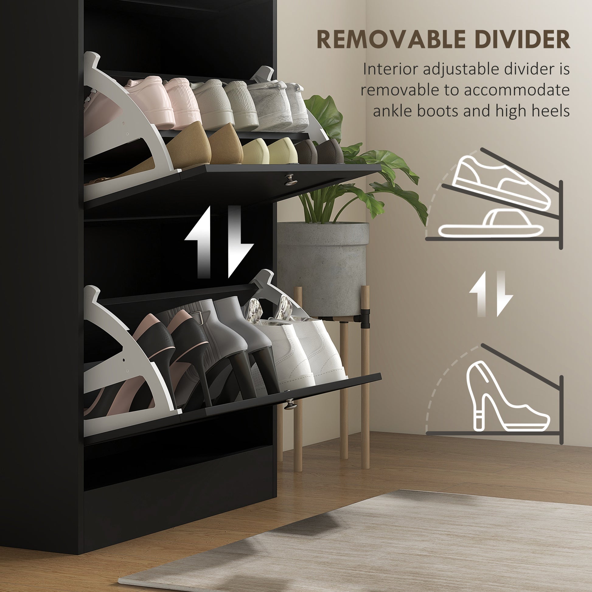 Black shoe cabinet with light pink and grey sneakers on top shelf