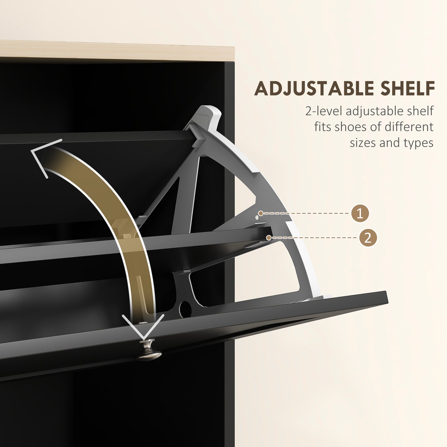 Closeup of a modern shoe cabinet with an open drawer revealing adjustable shelf mechanisms for shoe storage