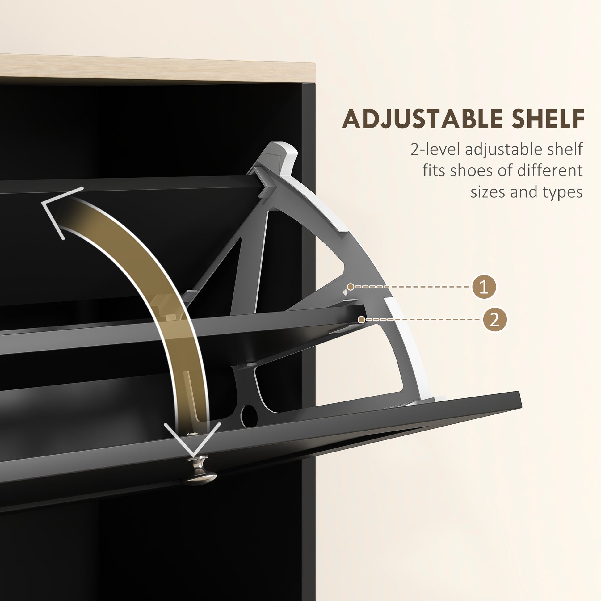 Closeup of a modern shoe cabinet with an open drawer revealing adjustable shelf mechanisms for shoe storage