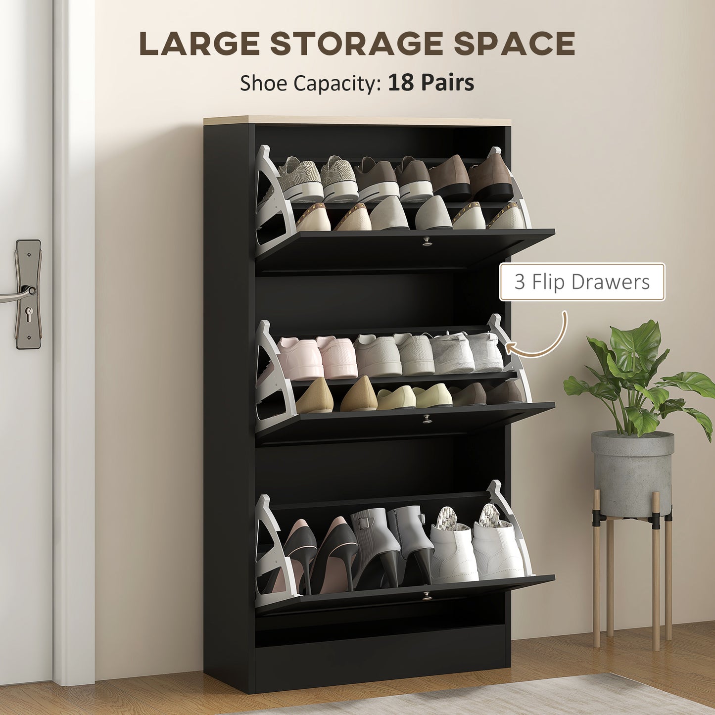Black shoe cabinet with three flip drawers storing  pairs of shoes