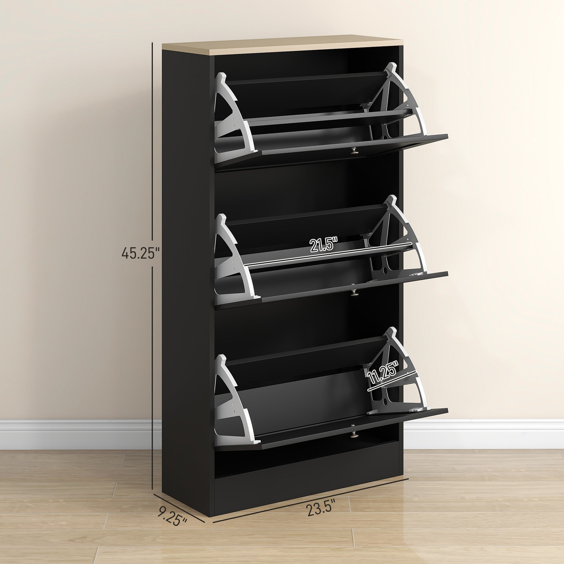 Black threetier shoe cabinet with flipdown drawers and a light wood top
