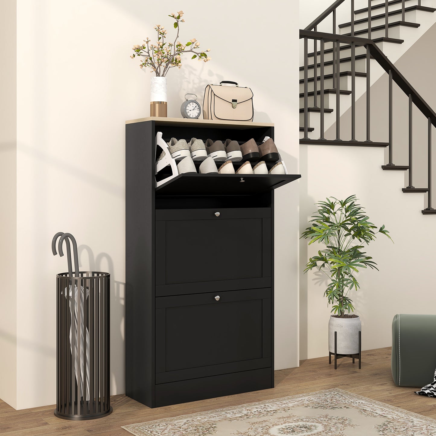 Black entryway shoe cabinet with  flipout drawers and top storage shelf