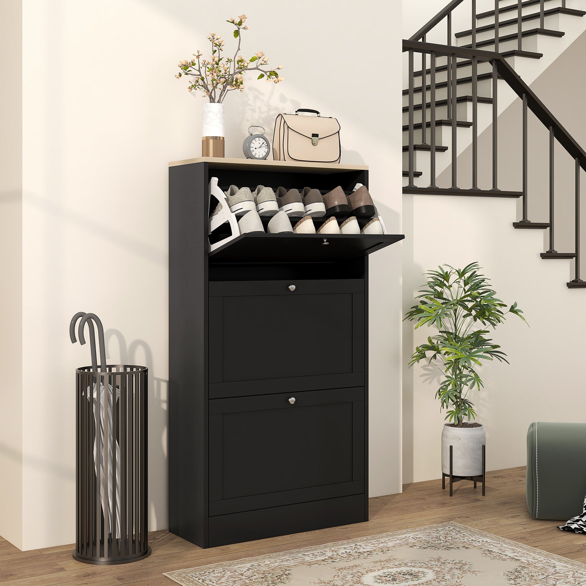 Black entryway shoe cabinet with  flipout drawers and top storage shelf