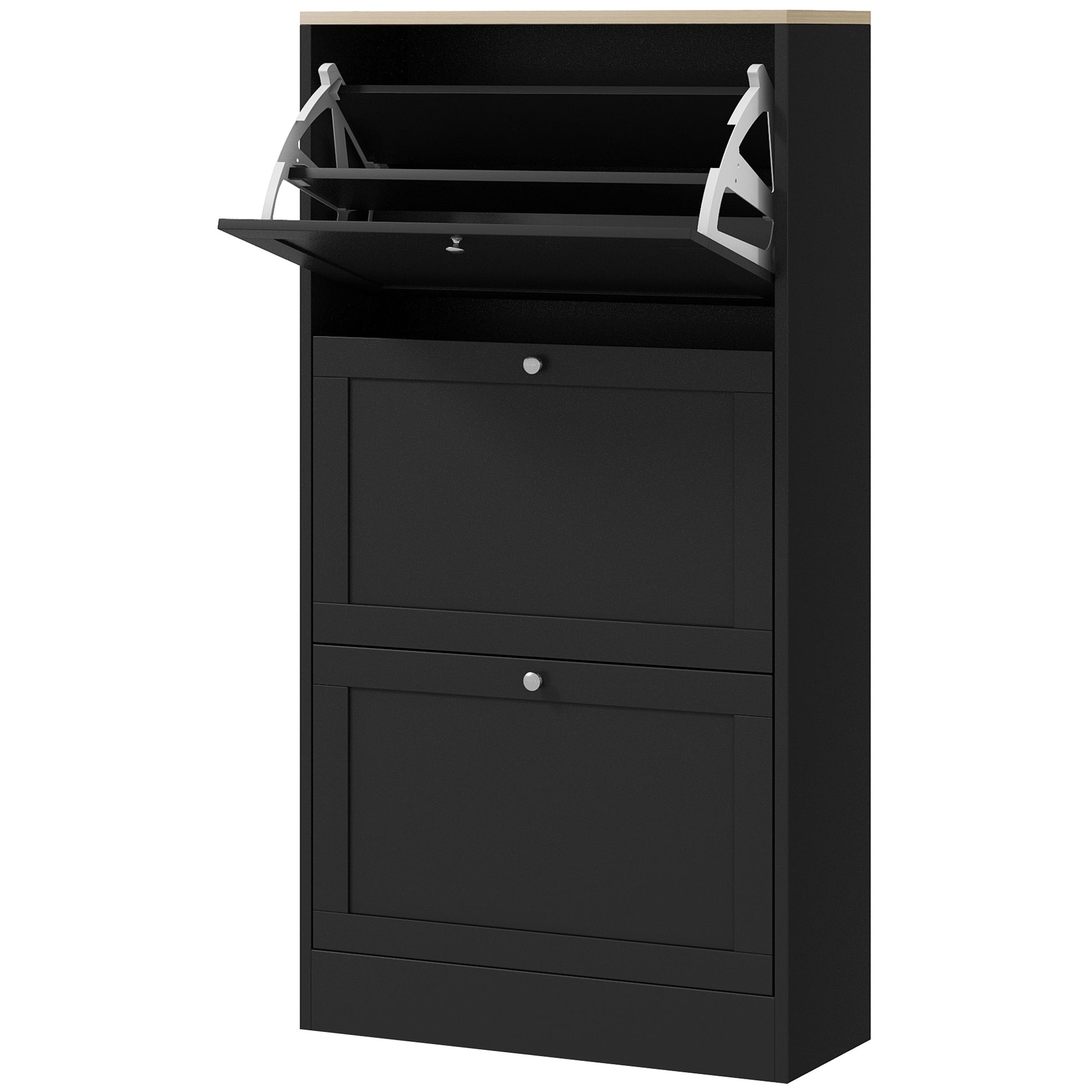 Black shoe cabinet with two flip drawers and open top shelf