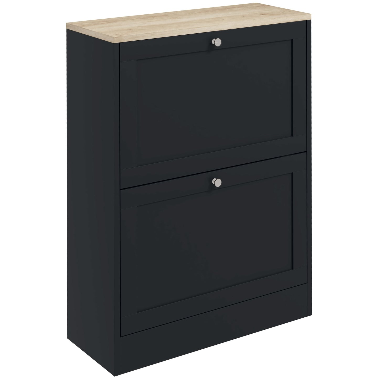Dark grey shoe cabinet with two flipdown doors and a light oak top