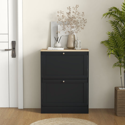 Black twodoor Scandinavian shoe cabinet with natural wood top and silver knobs