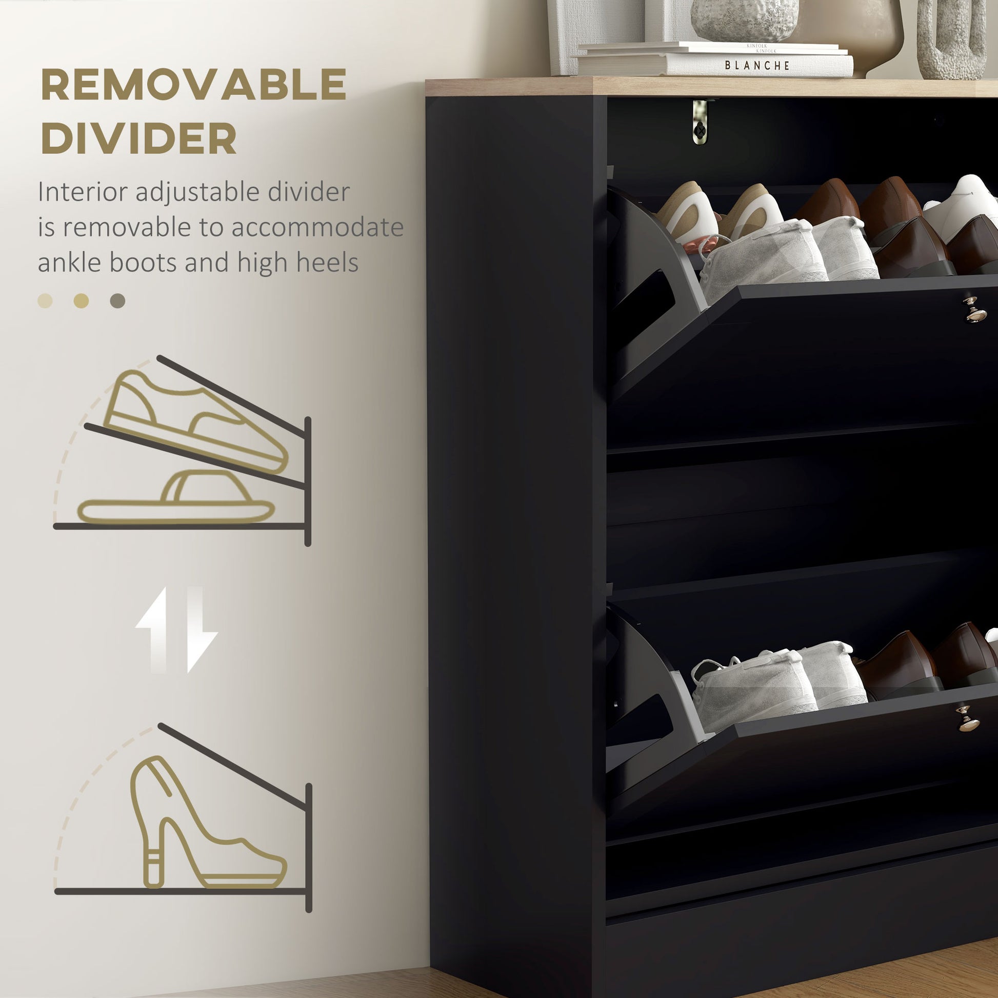 Black shoe cabinet with multiple angled shelves holding various footwear including loafers and heels