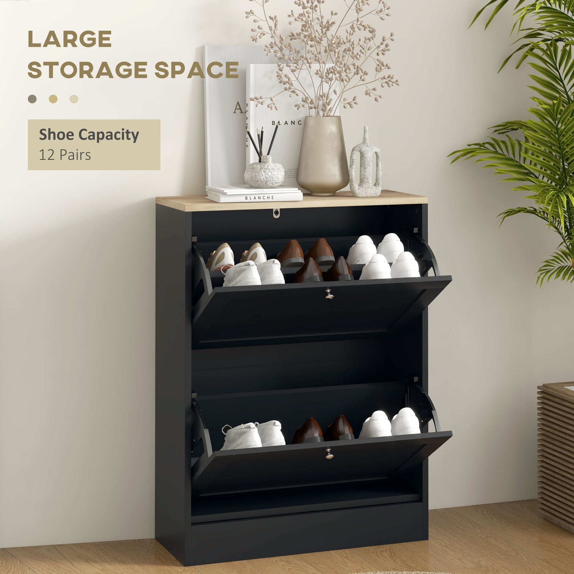 Sleek black shoe cabinet with natural wood top featuring two flipout drawers holding multiple pairs of shoes for organized entryway storage