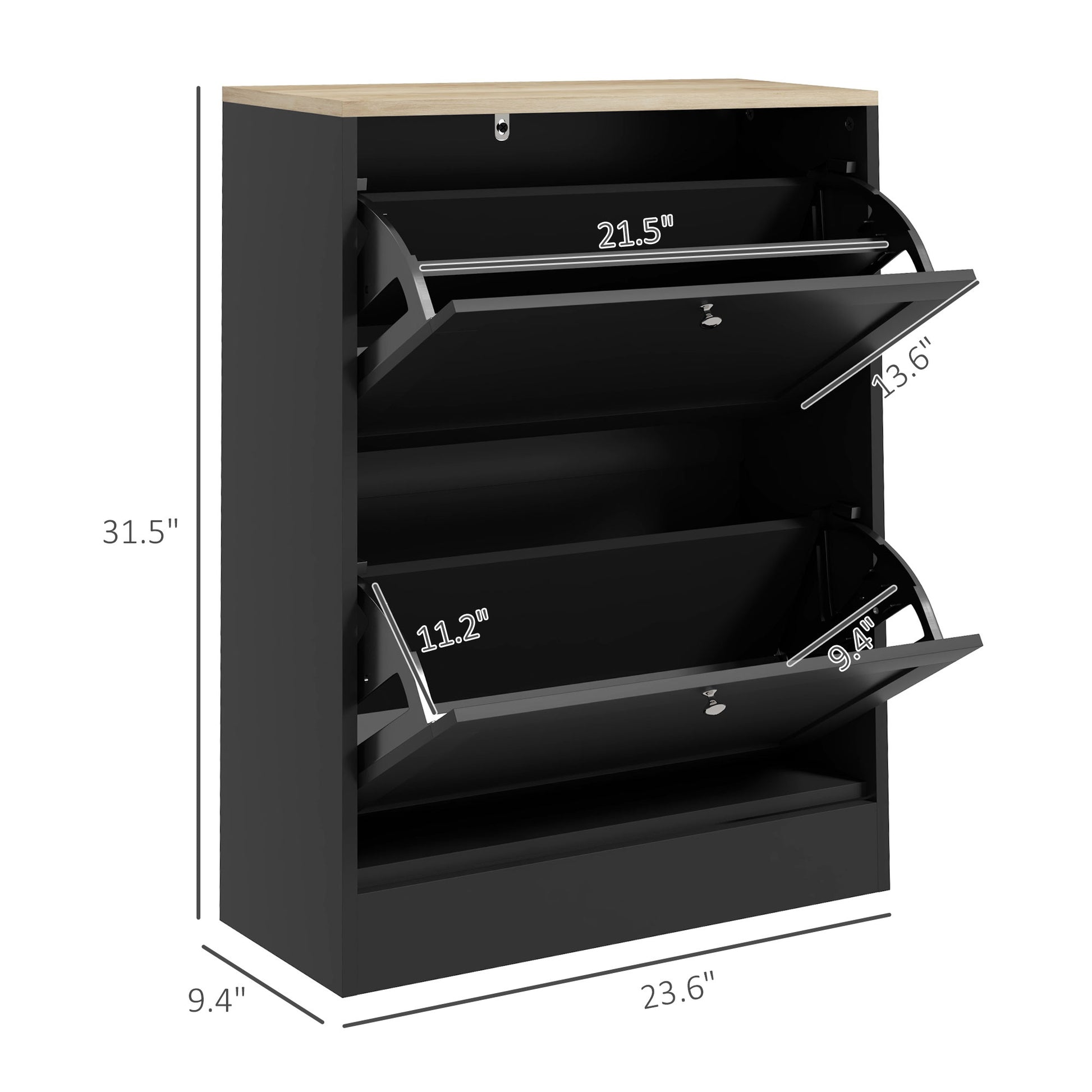Slim black shoe cabinet with two tilting drawers and woodeffect top for entryway storage
