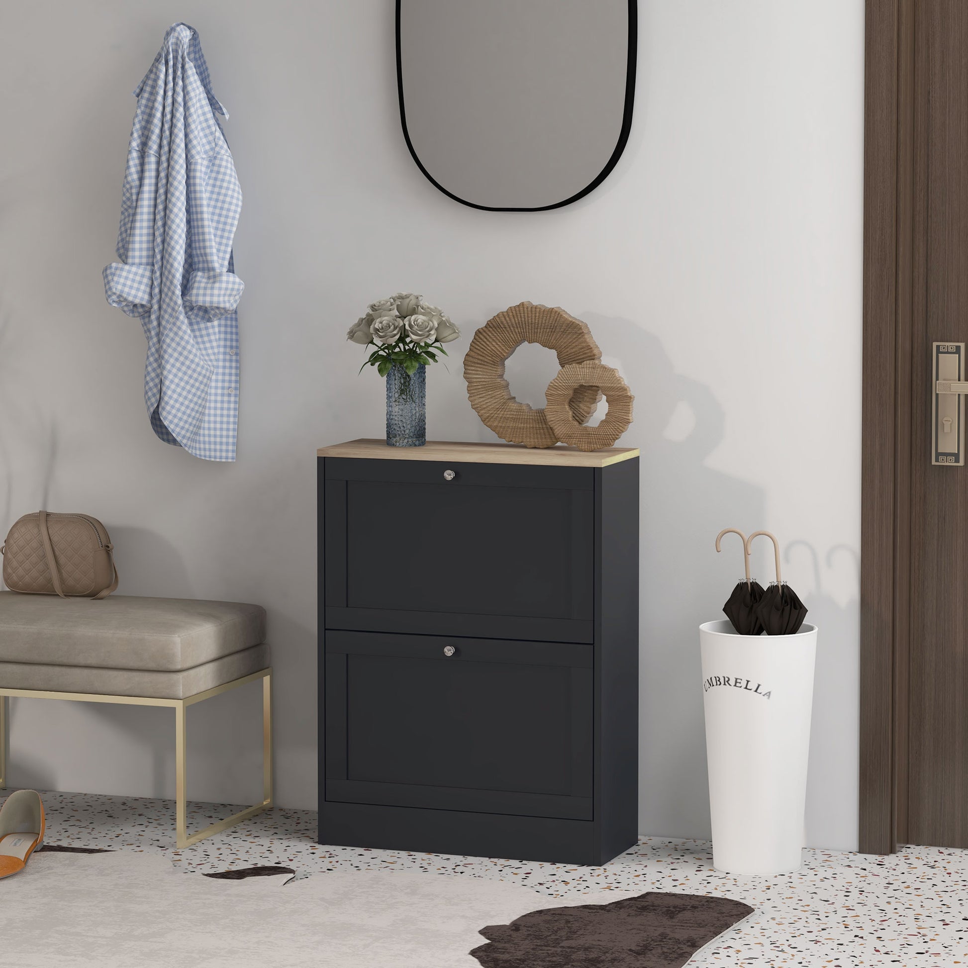 Modern dark gray shoe cabinet with two pullout drawers and a light wood top surface for entryway storage