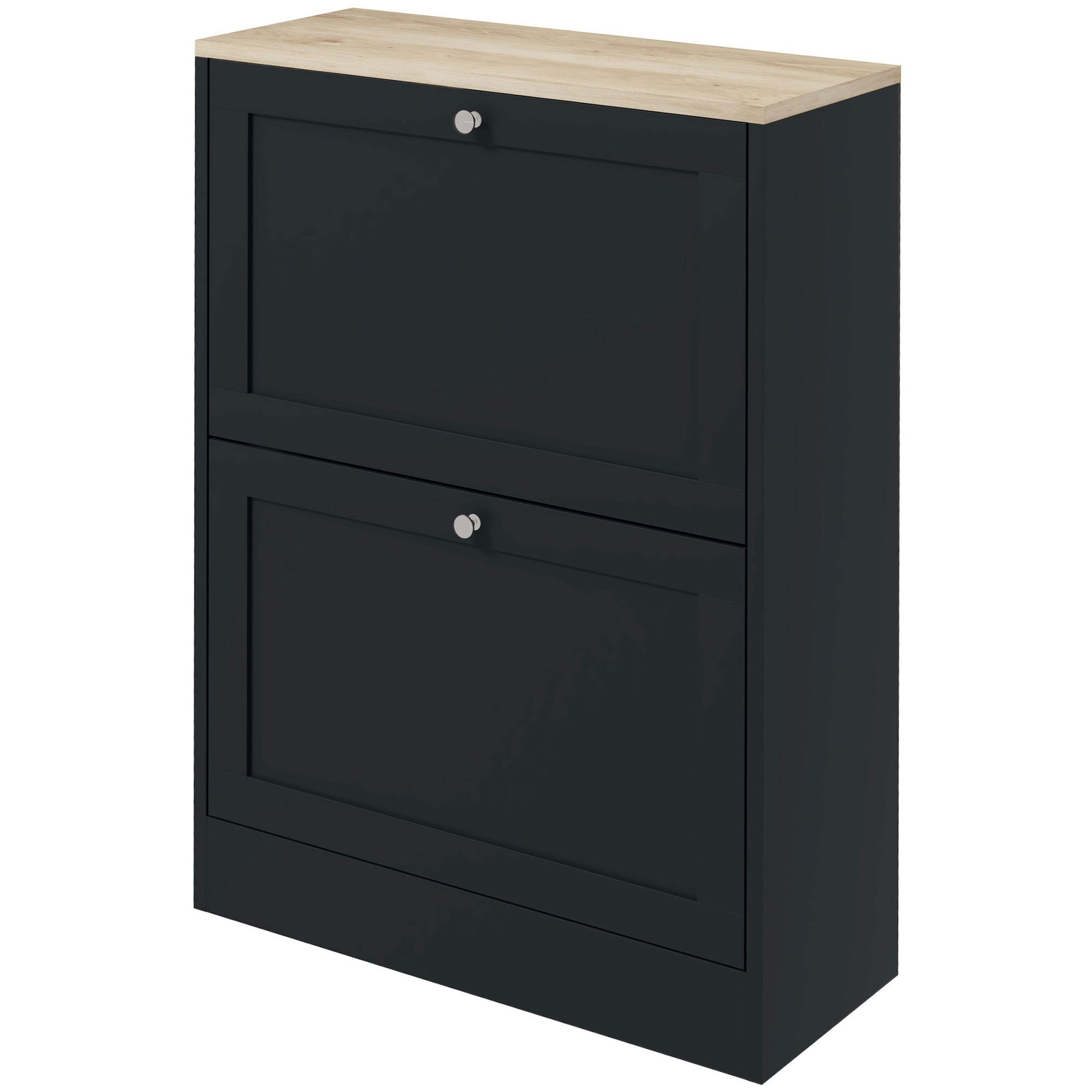 Dark gray twodoor shoe cabinet with wood top and silver knobs