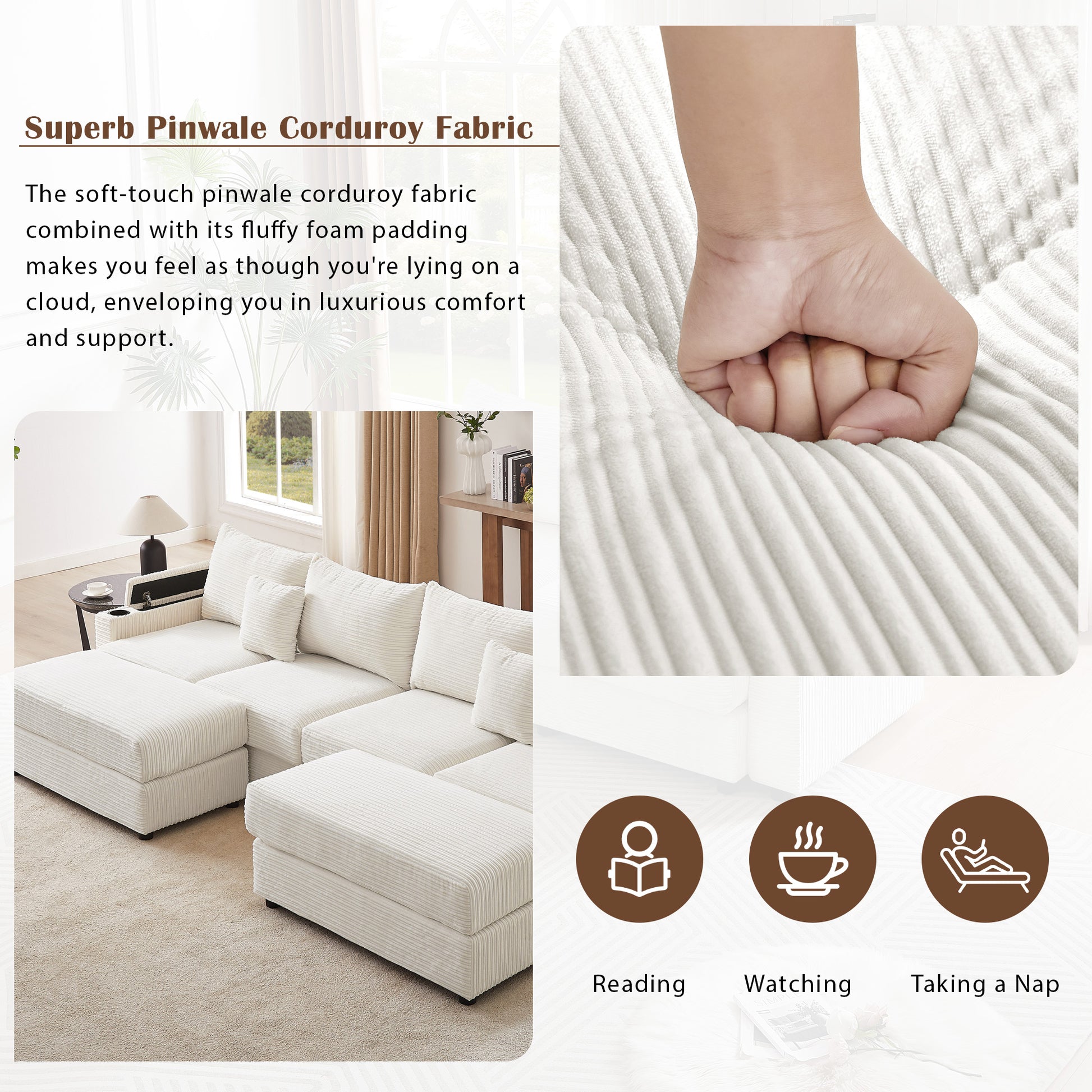 White pinwale corduroy sectional sofa with plush cushions for comfortable seating