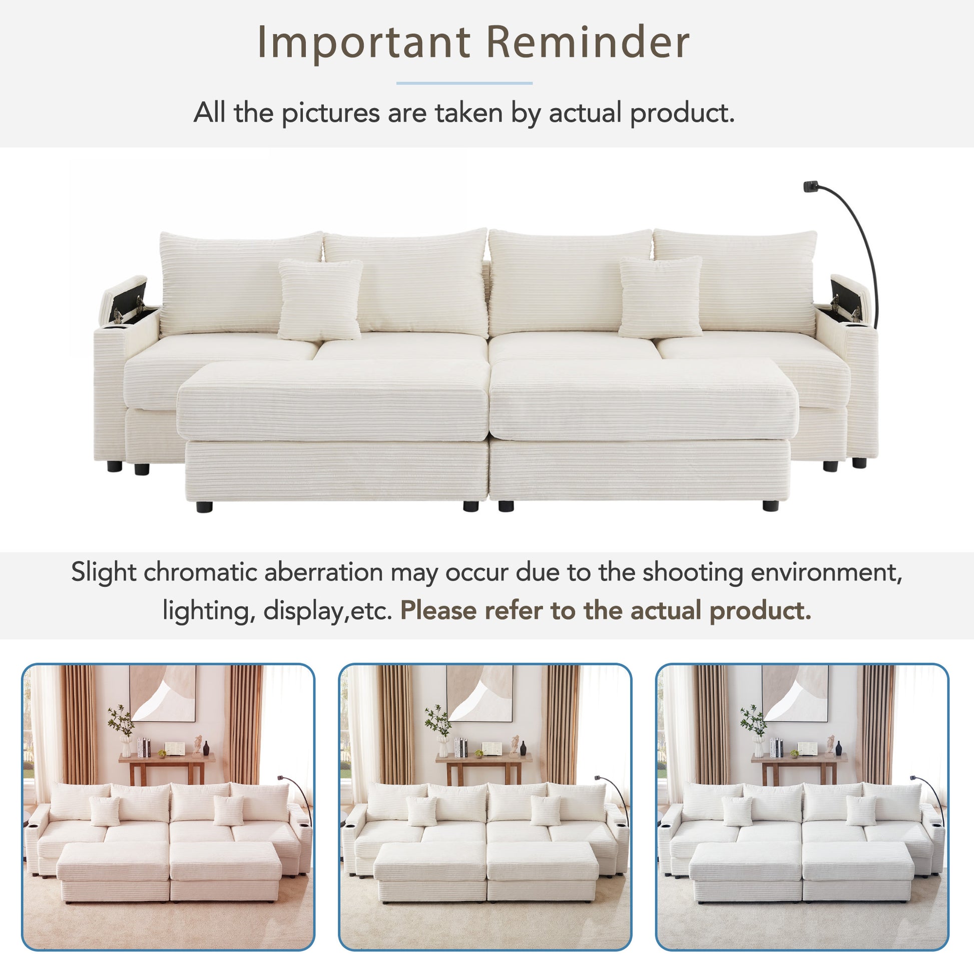 Cream corduroy sectional sofa with storage and integrated cup holders