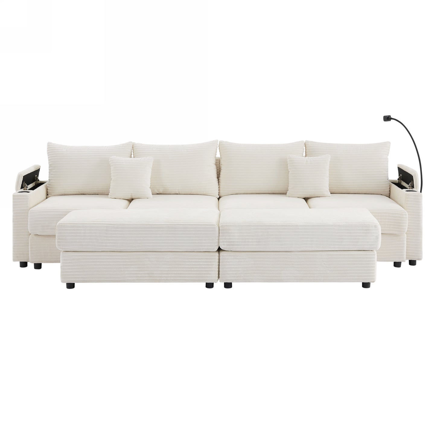 Cream corduroy sectional sofa with integrated cup holders and storage