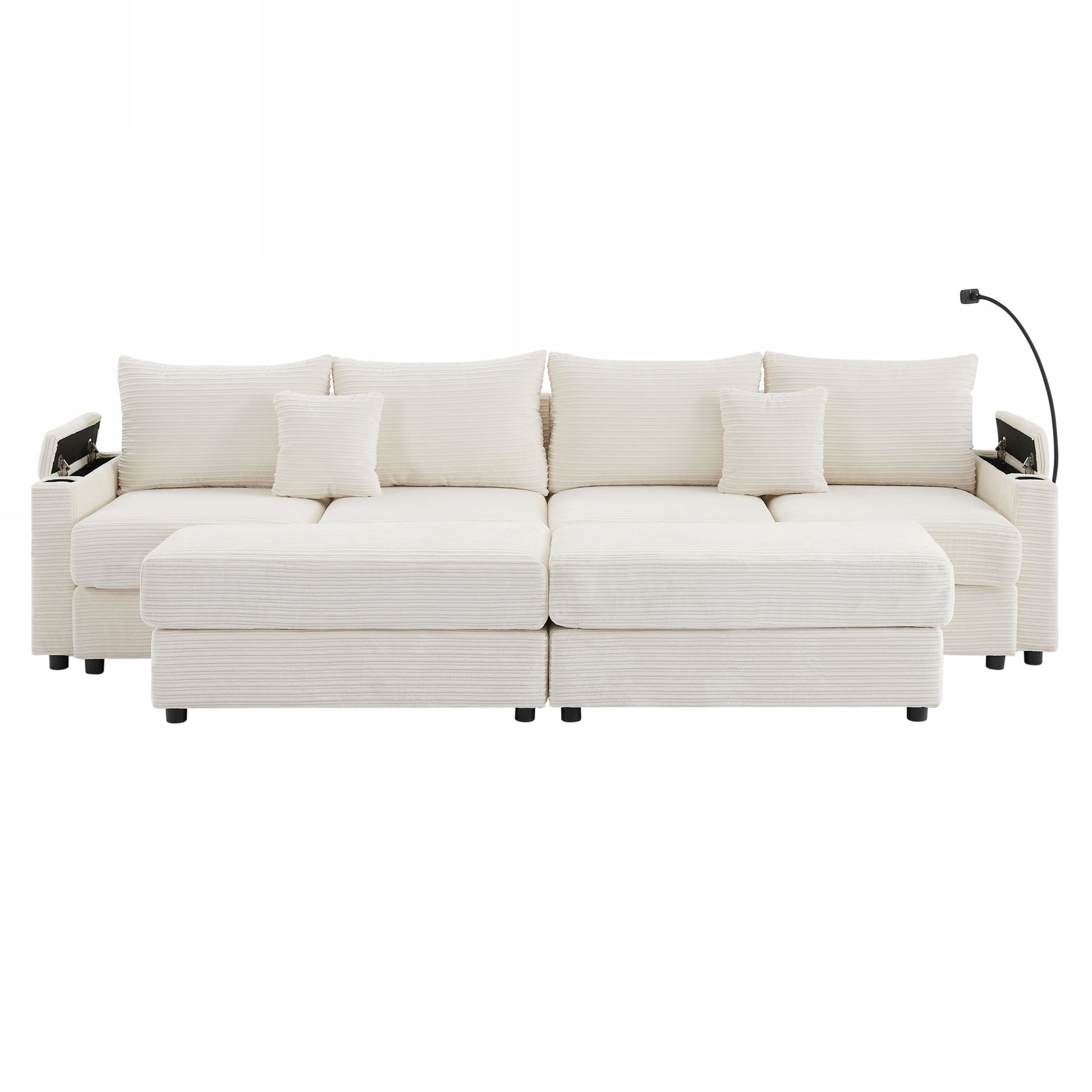 Cream corduroy sectional sofa with integrated cup holders and storage