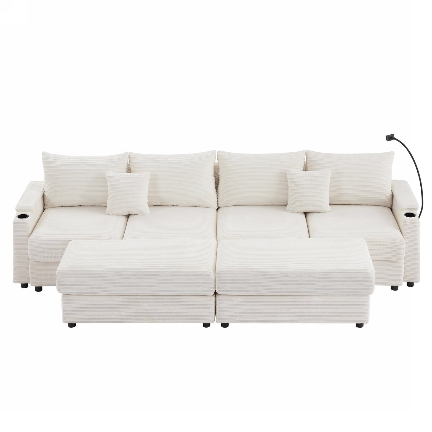 Modular corduroy sofa in cream with chaise and builtin cup holders