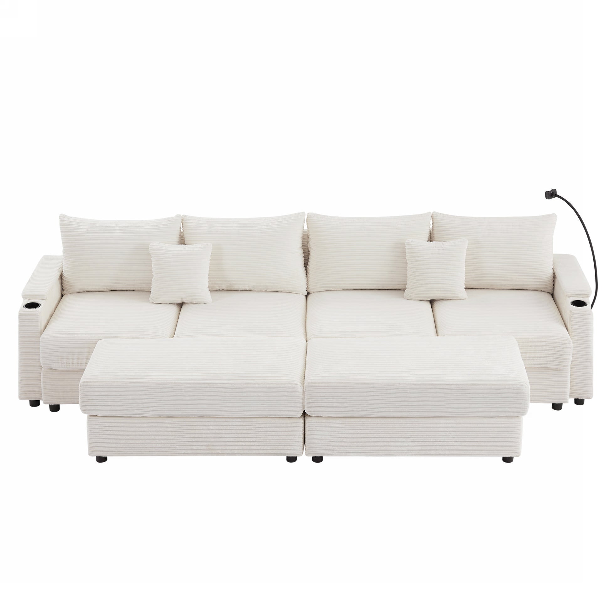 Modular corduroy sofa in cream with chaise and builtin cup holders