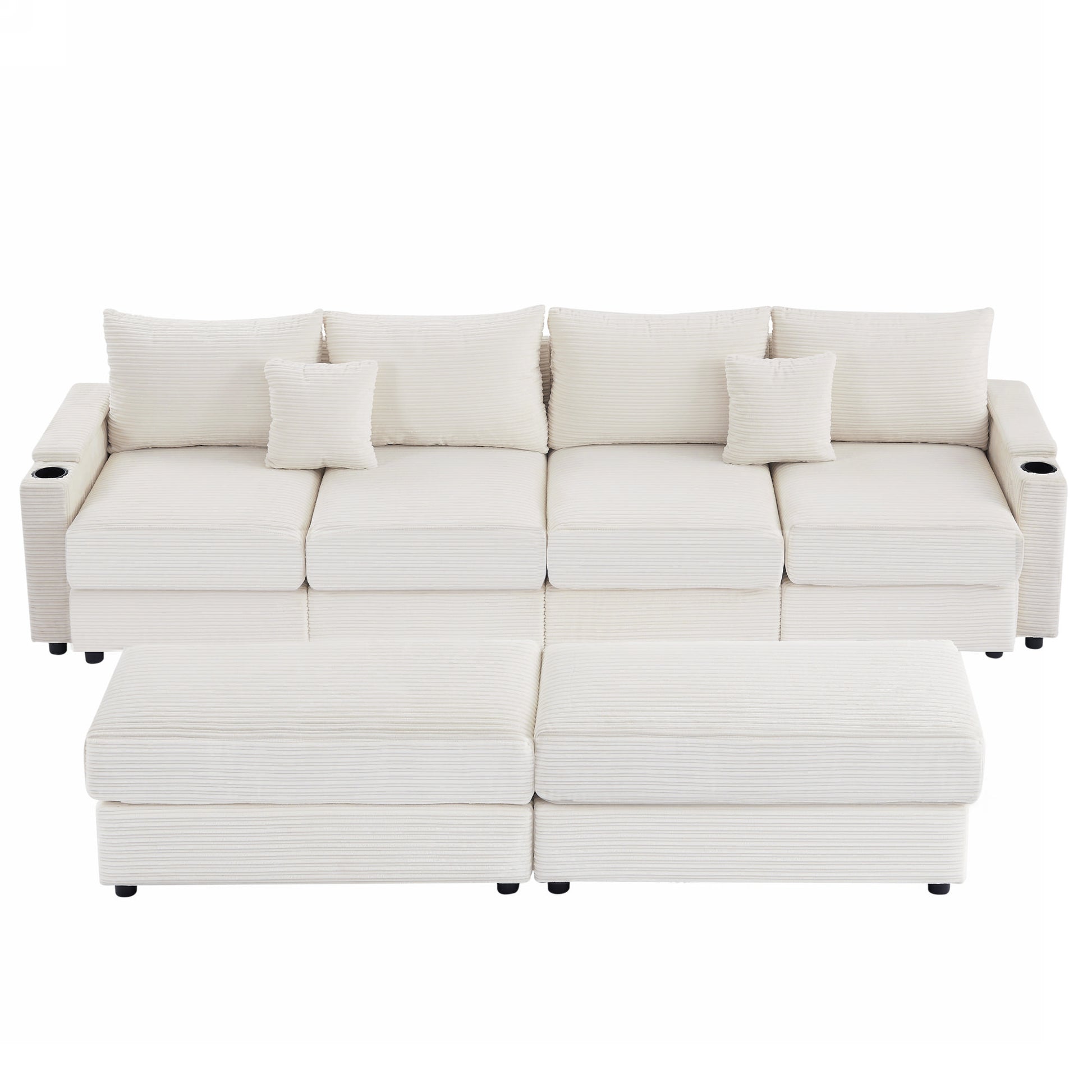 Cream corduroy modular sectional sofa with plush cushions and integrated cup holders