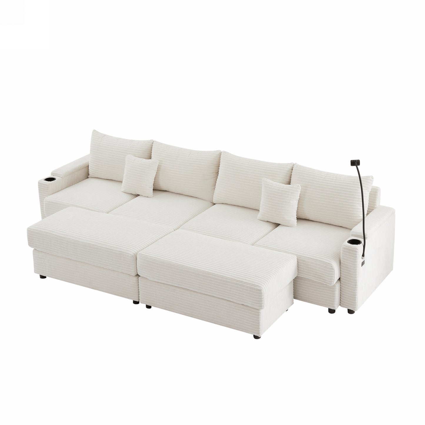 Plush white corduroy sectional sofa with integrated cup holders and adjustable reading lamp