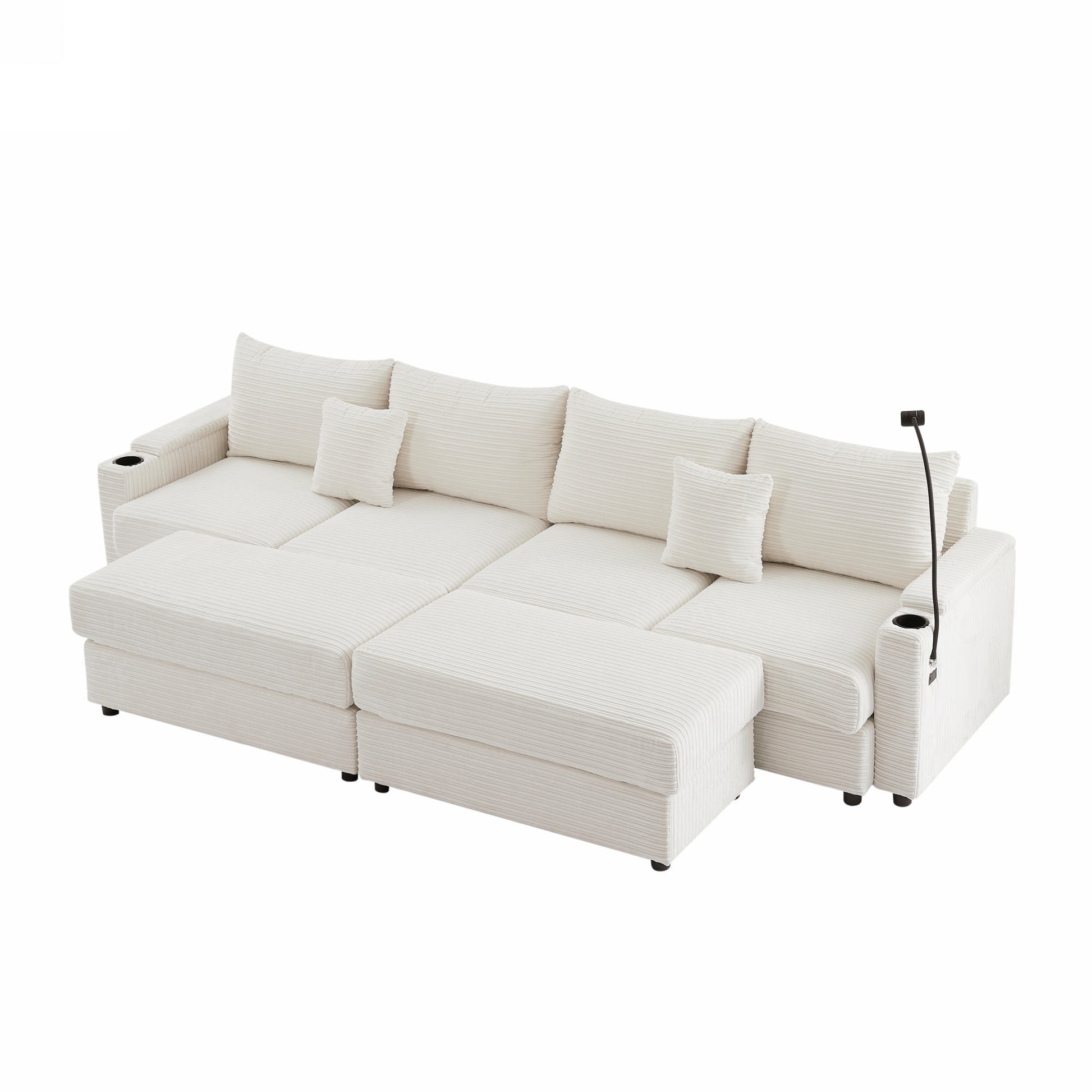 Plush white corduroy sectional sofa with integrated cup holders and adjustable reading lamp