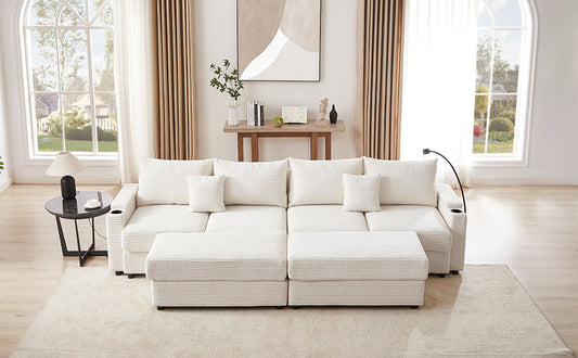 White corduroy sectional sofa with plush cushions and ottoman perfect for a modern living room
