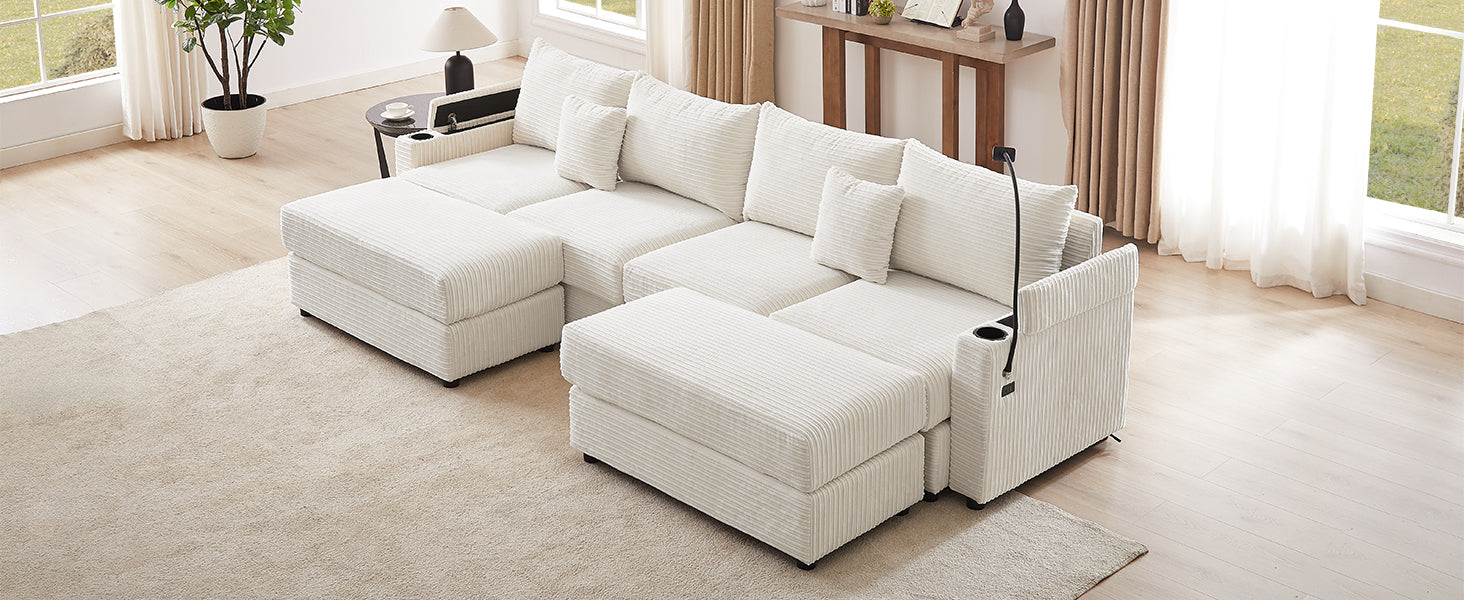 Plush white corduroy sectional sofa with integrated storage and cup holders