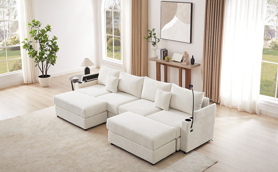 Cozy white corduroy sectional sofa with multiple chaise lounges and builtin cup holders