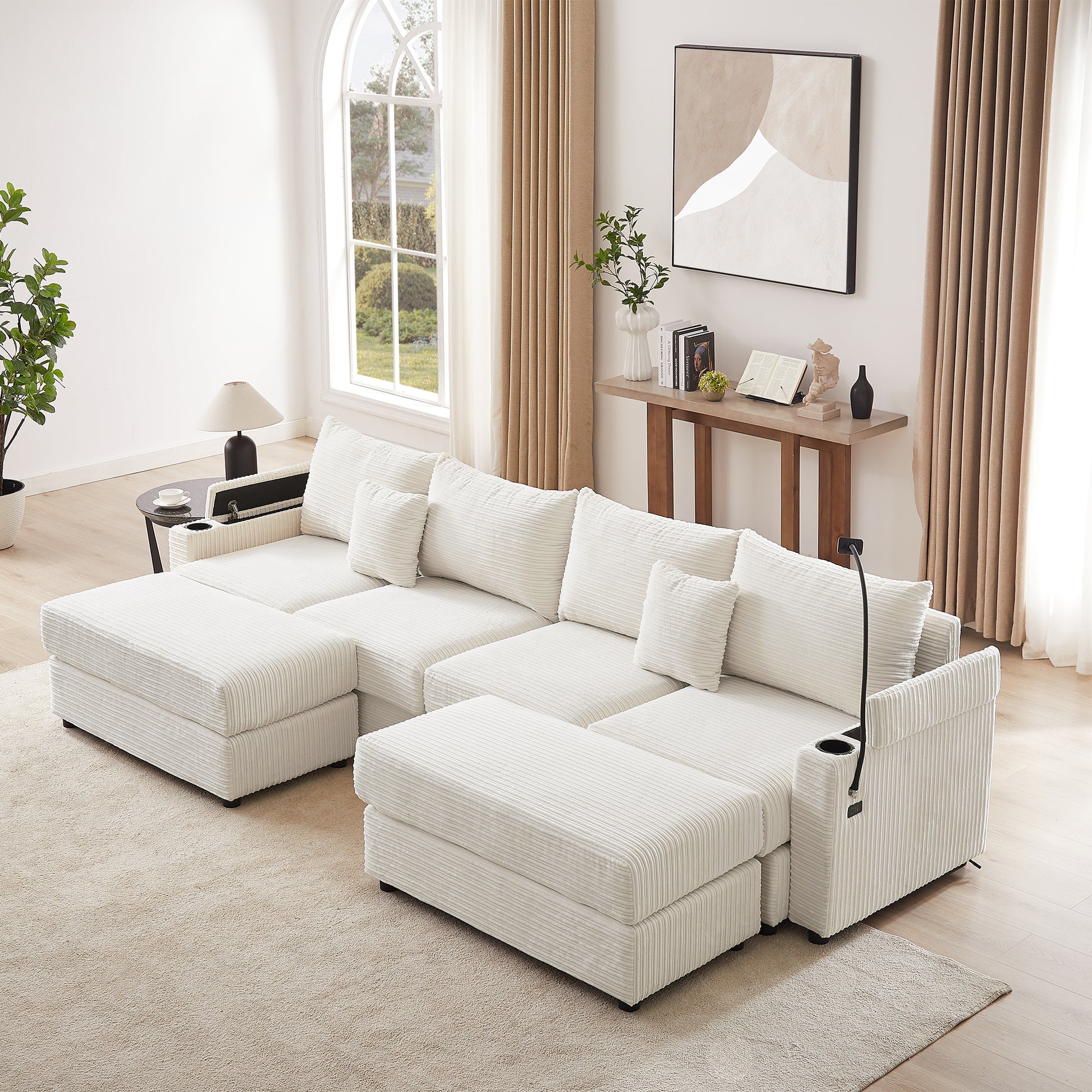 Plush white corduroy sectional sofa with chaise and hidden storage for living room comfort