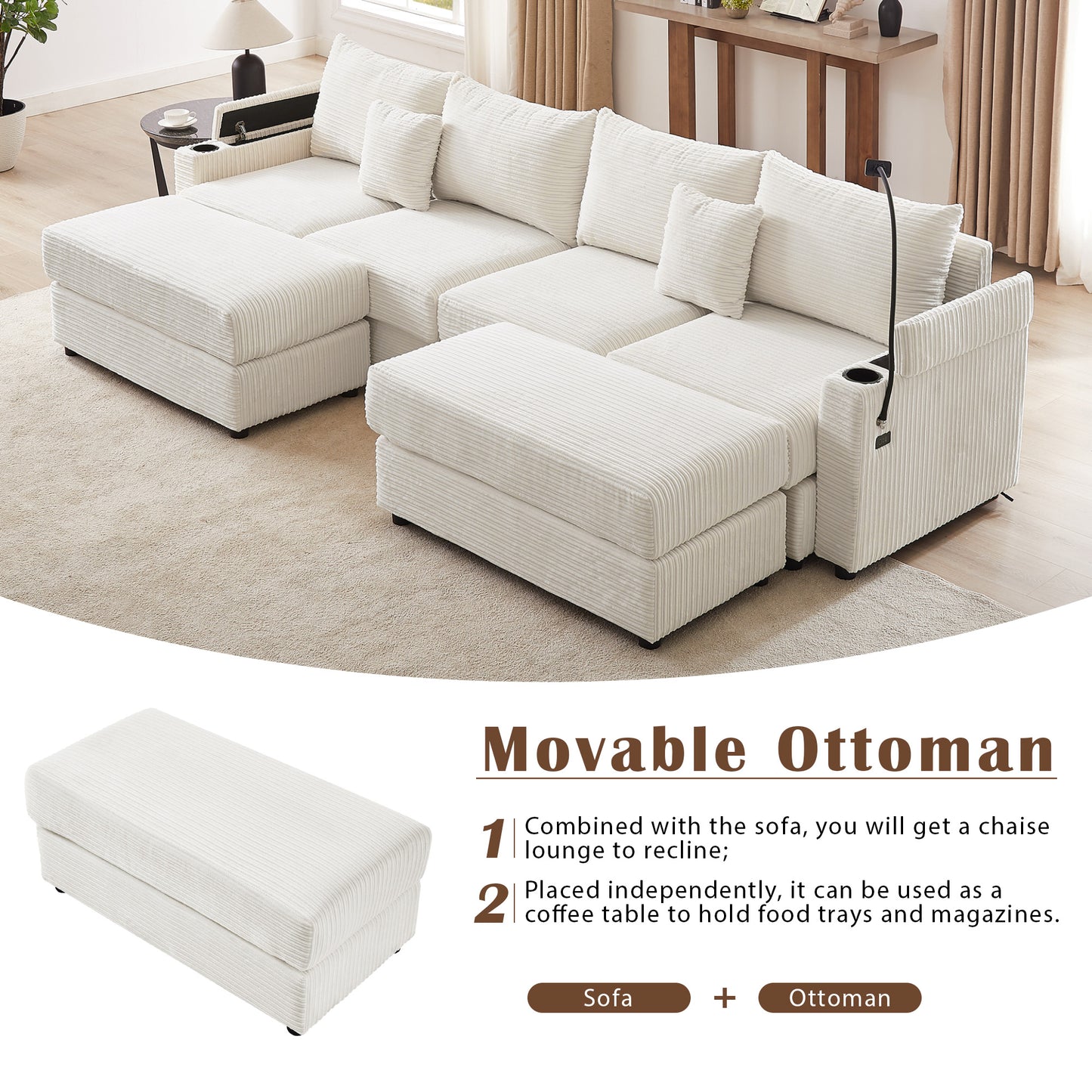 Cream corduroy sectional sofa with plush cushions and movable ottoman for versatile seating