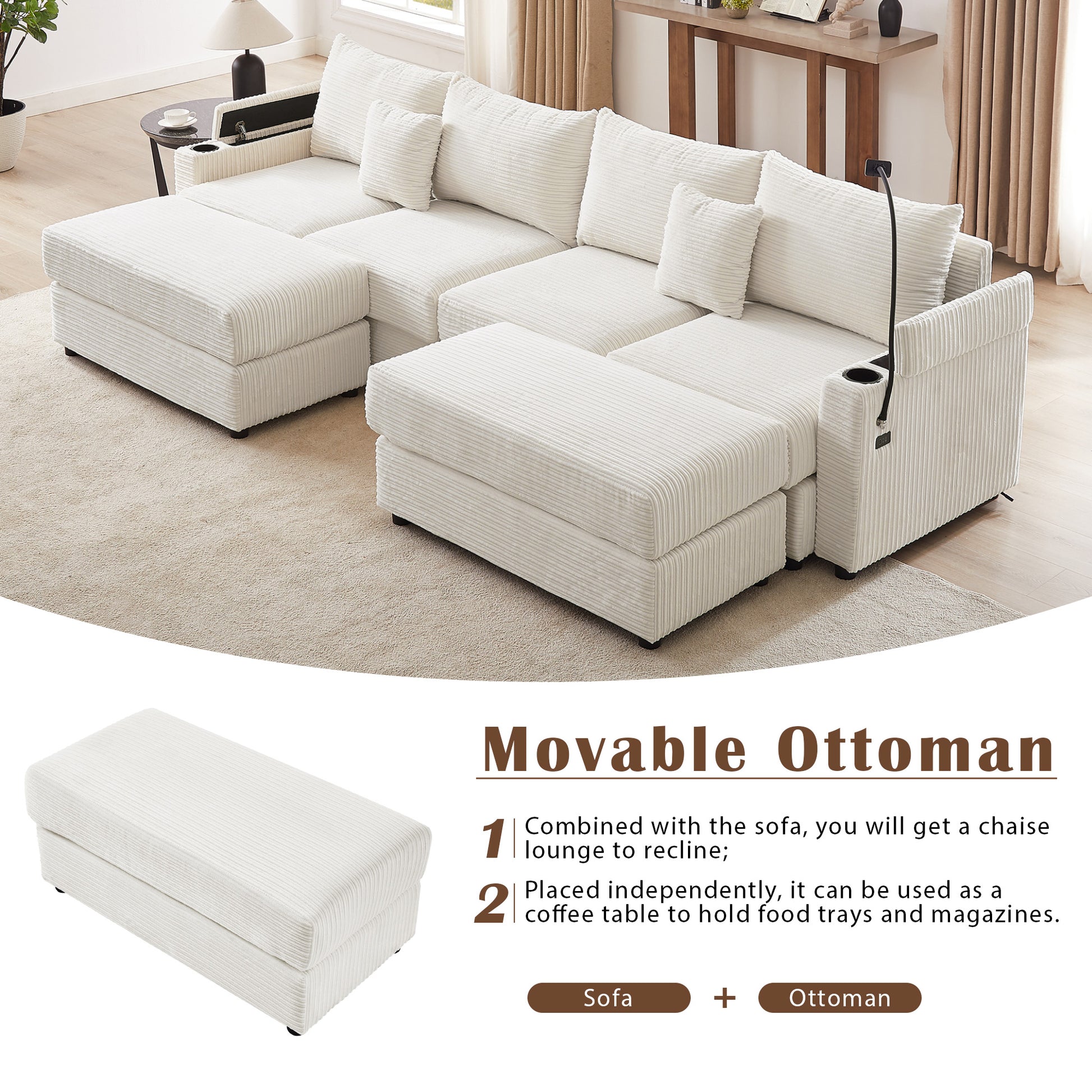 Cream corduroy sectional sofa with plush cushions and movable ottoman for versatile seating