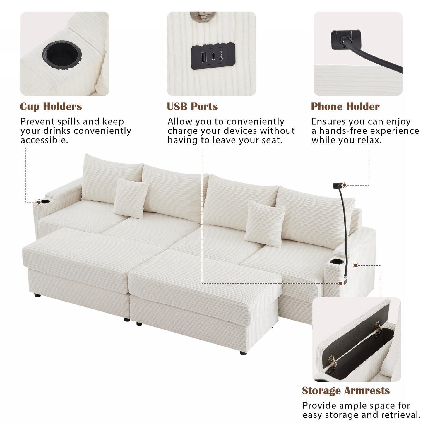 Cream corduroy sectional sofa with builtin cup holders for convenience