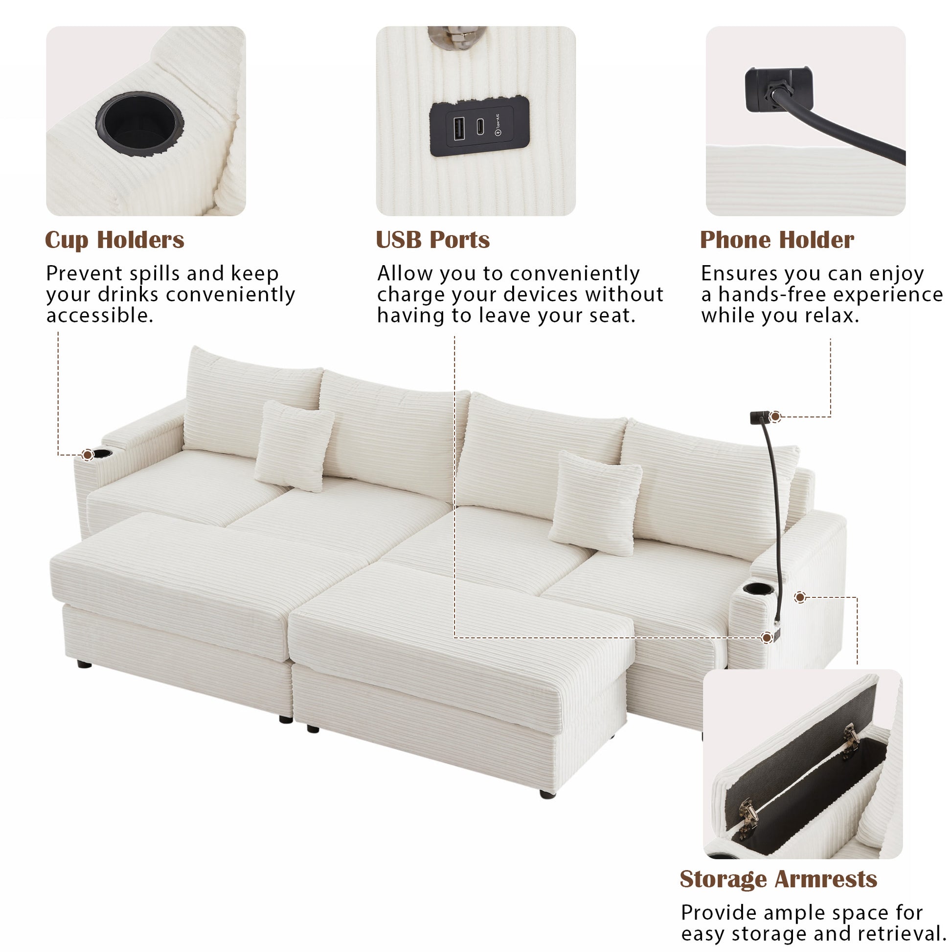 Cream corduroy sectional sofa with builtin cup holders for convenience