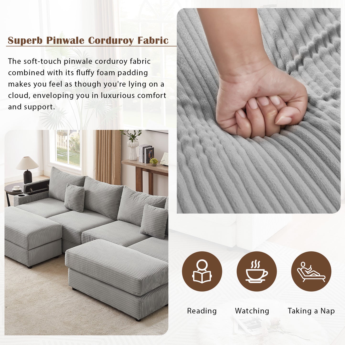 Light grey corduroy sectional sofa with plush cushions for comfortable lounging