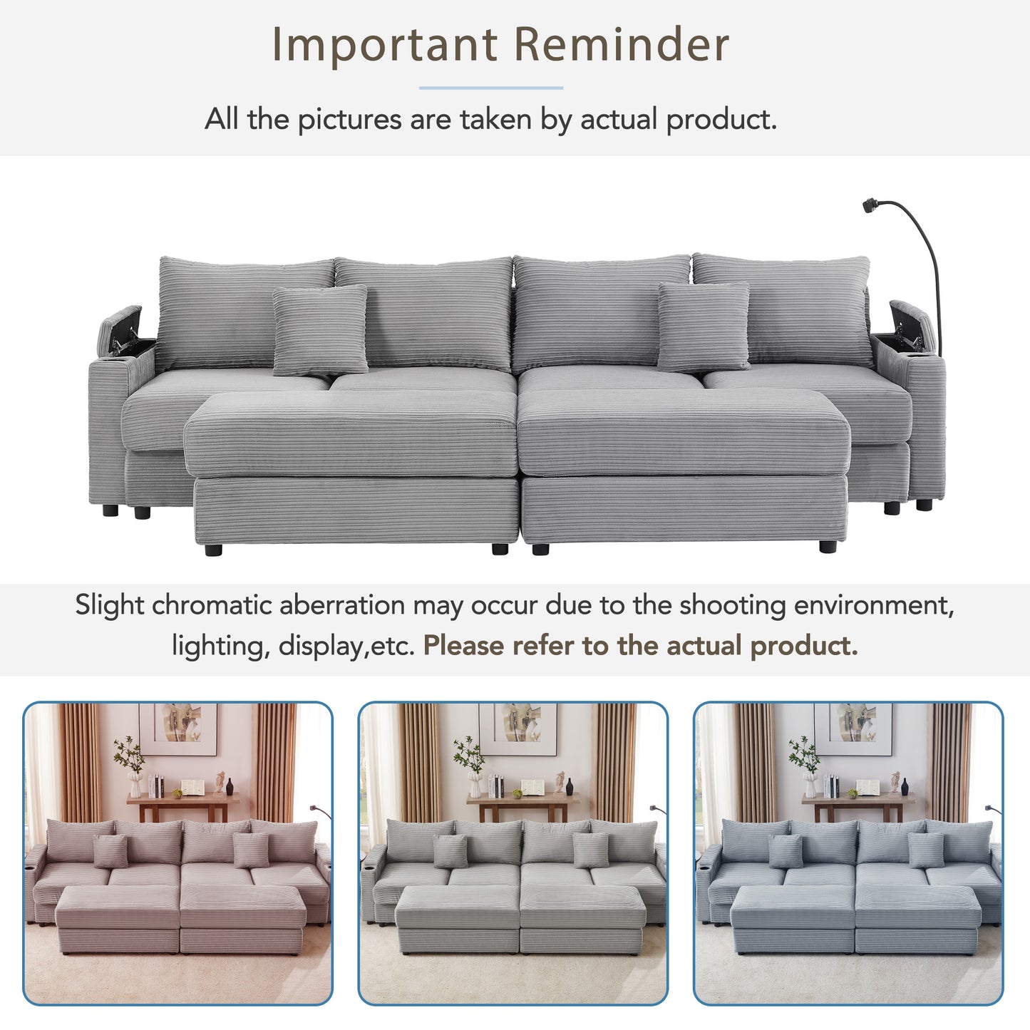 Grey corduroy sectional sofa with storage and adjustable headrests