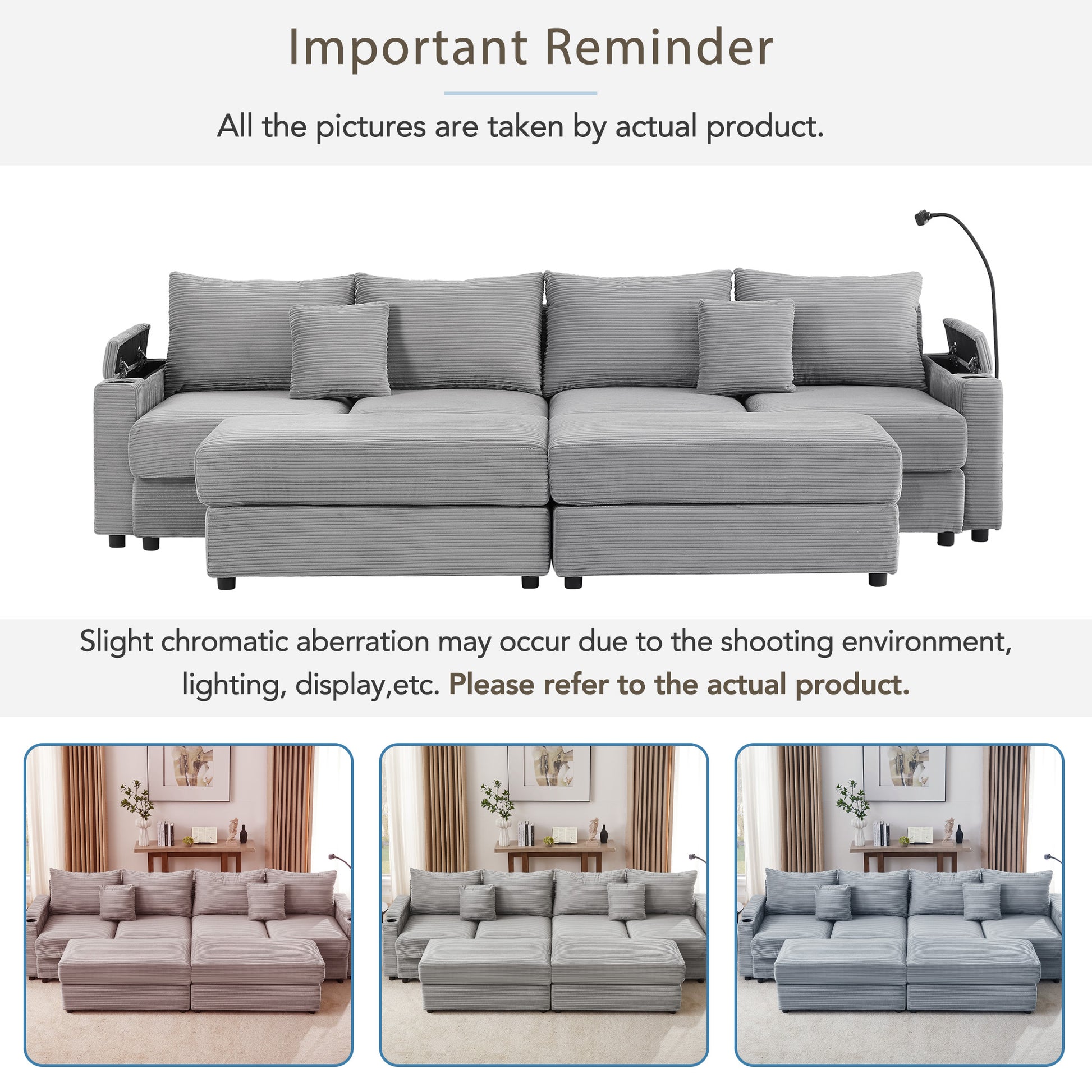 Grey corduroy sectional sofa with storage and adjustable headrests