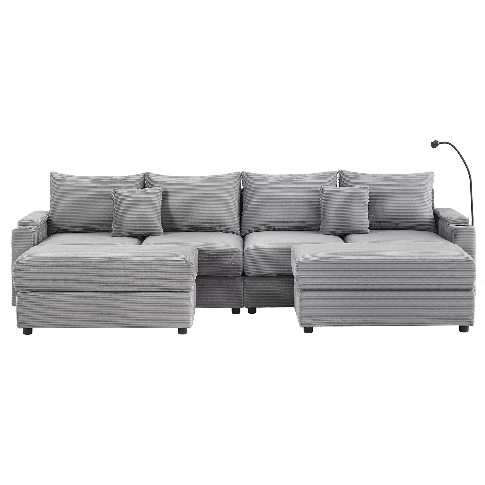 Plush grey corduroy sectional sofa with chaise lounges and matching pillows