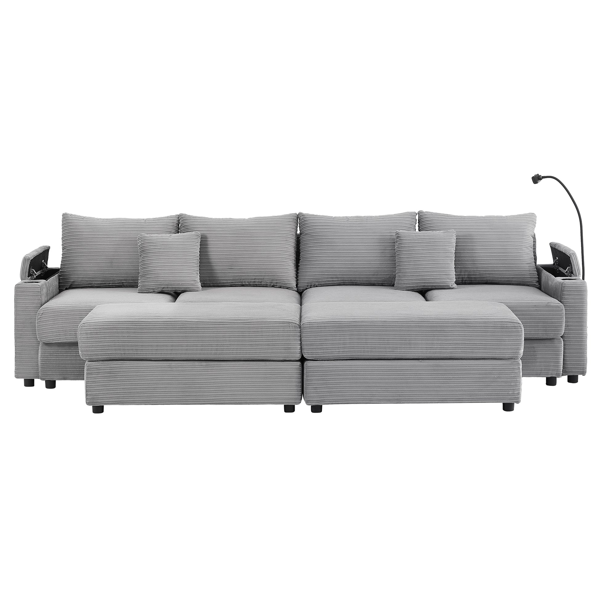 Grey corduroy sectional sofa with chaise lounge storage and adjustable reading lamp