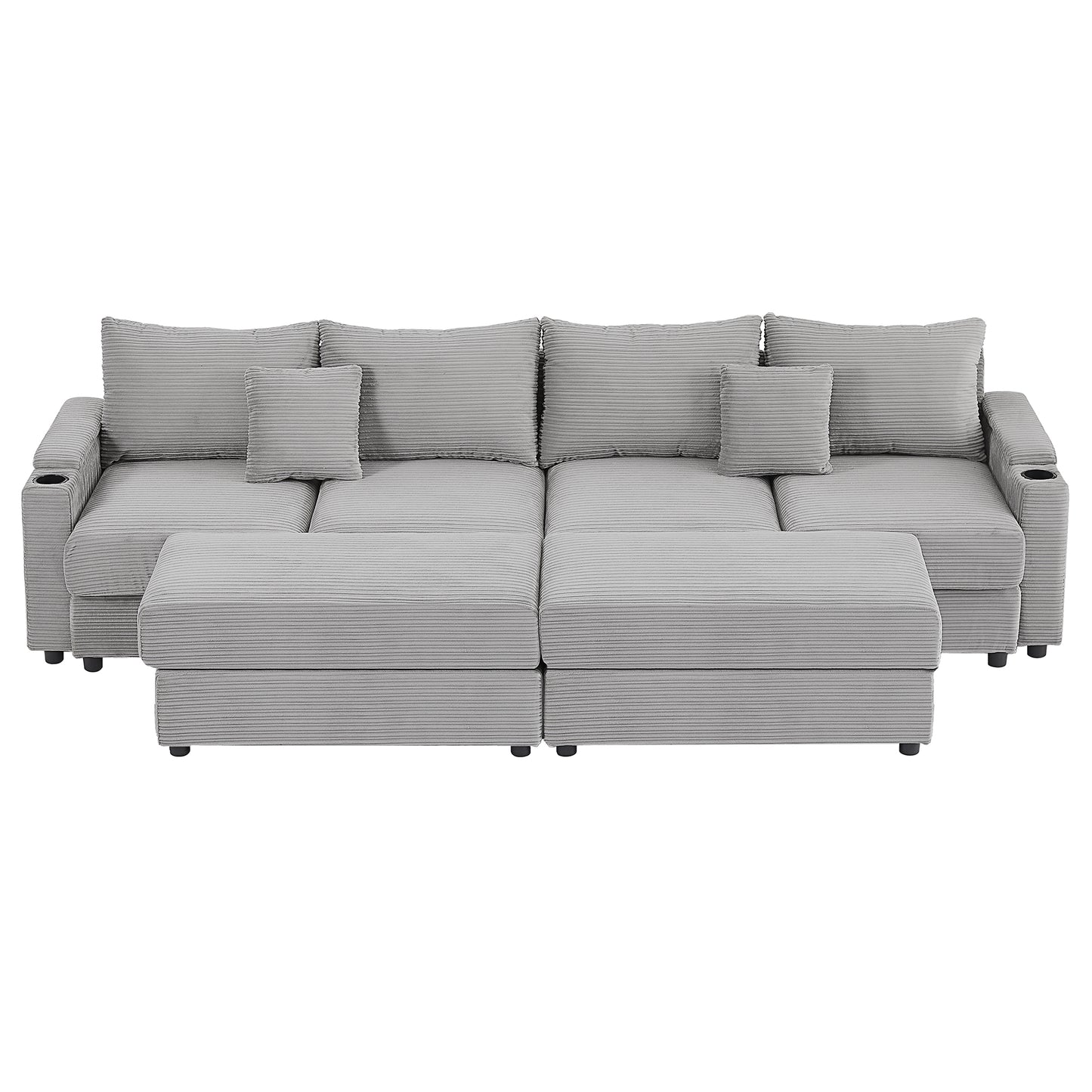 Grey corduroy sectional sofa with matching throw pillows and builtin cup holders