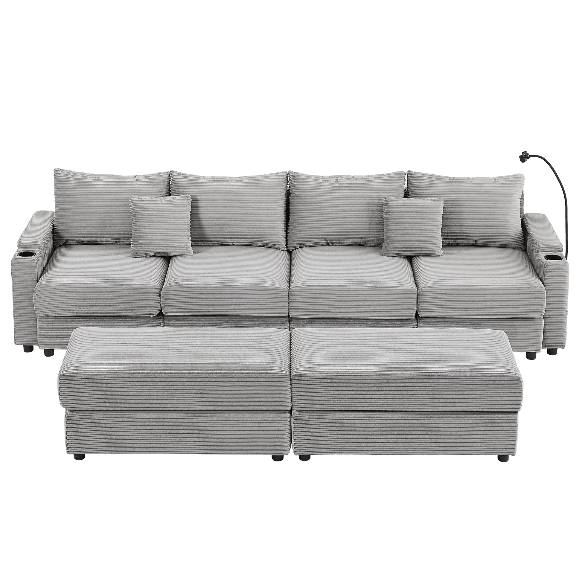 Gray corduroy sectional sofa with two ottomans and integrated cup holders