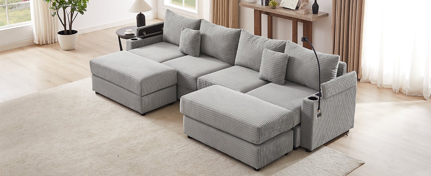 Light gray corduroy sectional sofa with multiple chaise lounges and builtin cup holders perfect for modern living rooms