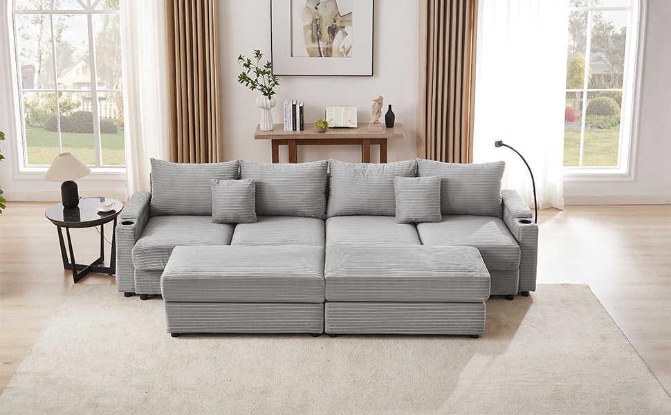 Gray corduroy sectional sofa with movable ottomans plush cushions and cup holders for modern living