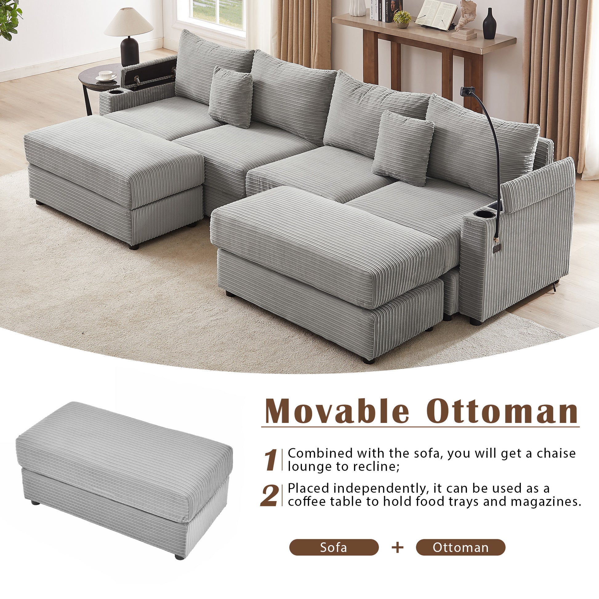Grey corduroy sectional sofa with movable ottoman and cup holders