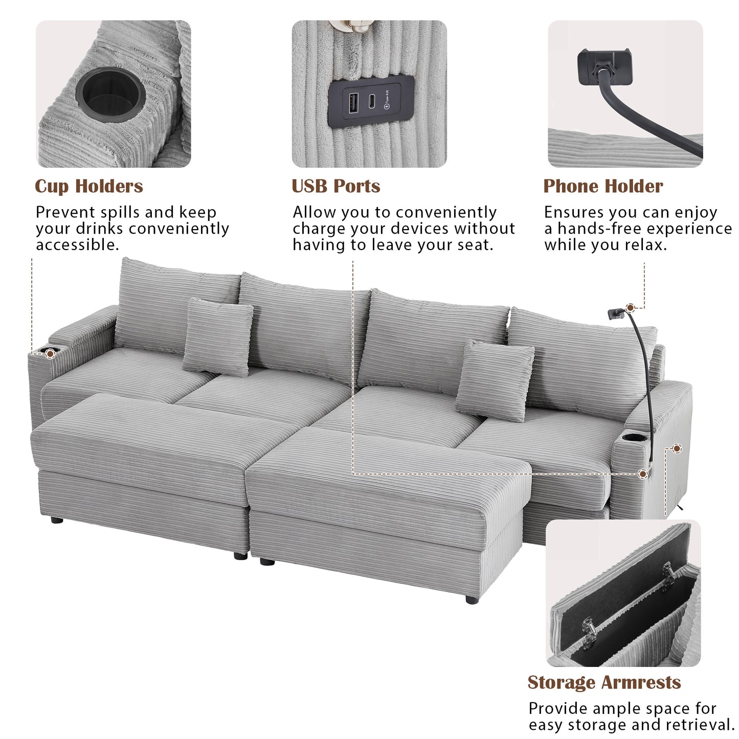 Gray corduroy sectional sofa featuring builtin cup holders on armrests for convenience