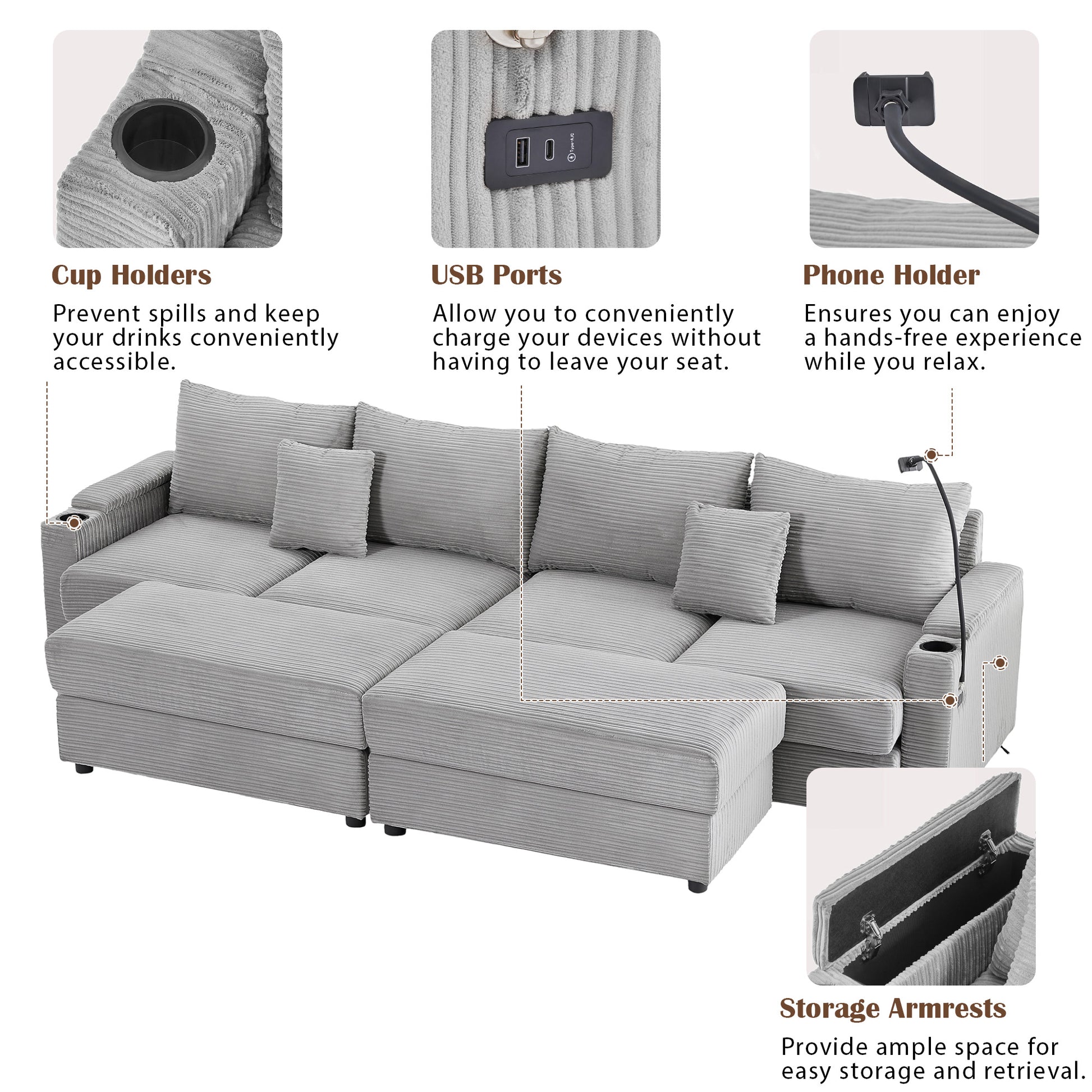 Gray corduroy sectional sofa featuring builtin cup holders on armrests for convenience